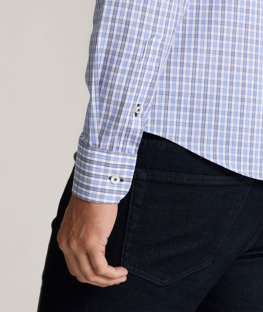 Model is wearing UNTUCKit durif wrinkle-free shirt.