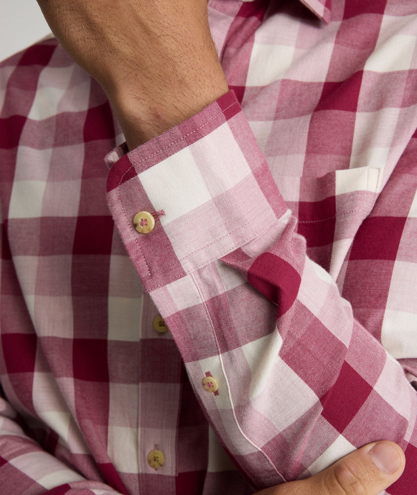 Model is wearing UNTUCKIt Greenwald Flannel in pink.