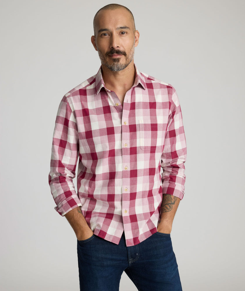 Model is wearing UNTUCKIt Greenwald Flannel in pink.