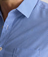 Model is wearing UNTUCKit Kelly wrinkle free shirt in blue gingham.