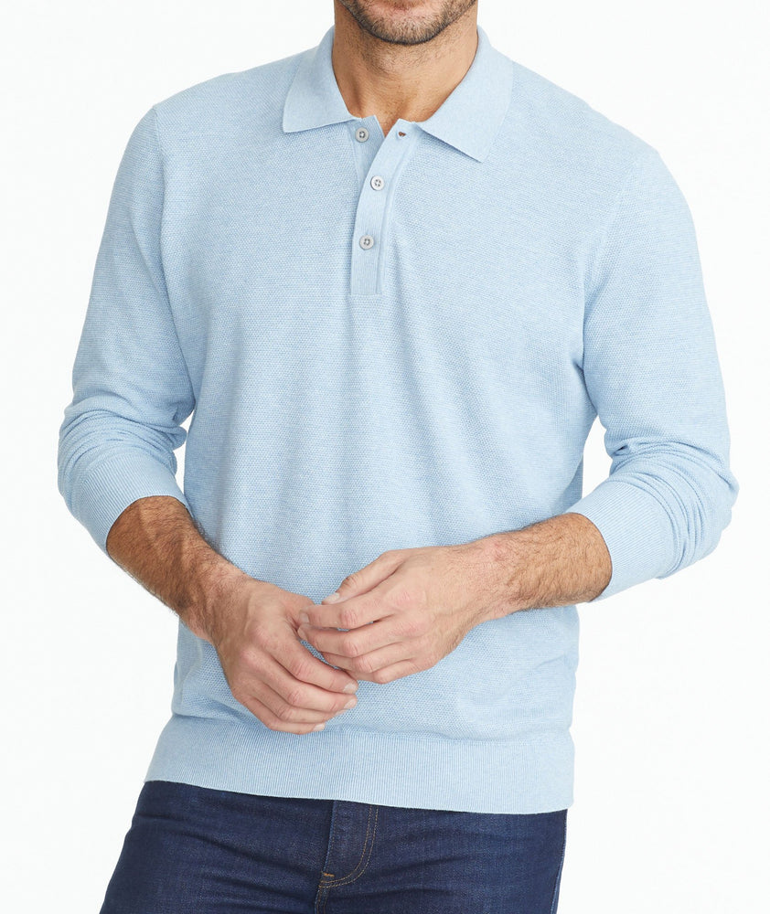Model wearing a Light Blue Textured Long-Sleeve Polo