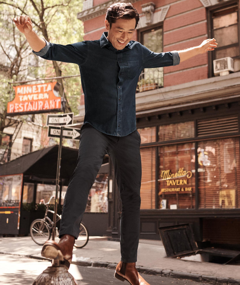 Model wearing a Mid Blue Wrinkle-Free Denim Cinzano Shirt