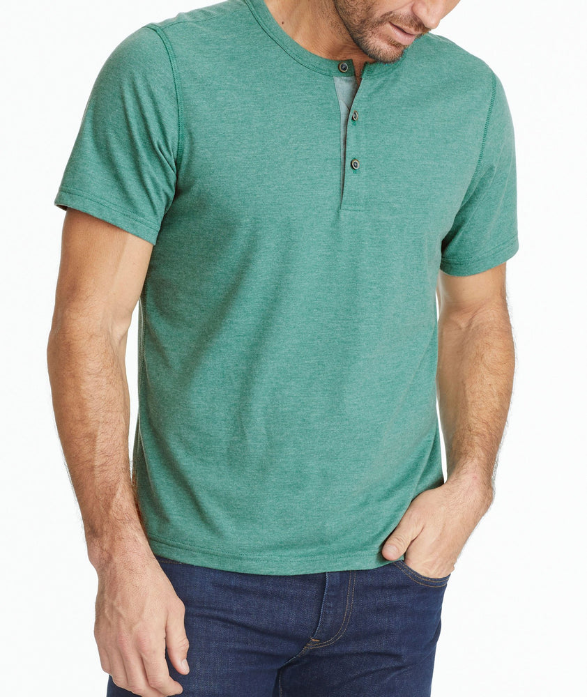 Model wearing a Mid Green Ultrasoft Short-Sleeve Henley