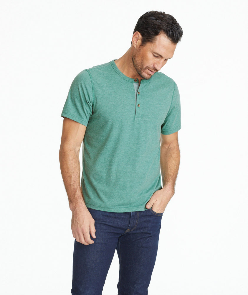 Model wearing a Mid Green Ultrasoft Short-Sleeve Henley