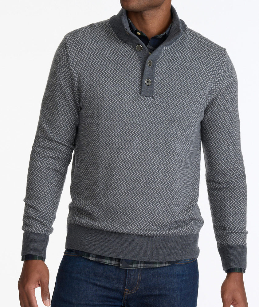 Model wearing a Grey Merino Wool Button-Neck Sweater - FINAL SALE
