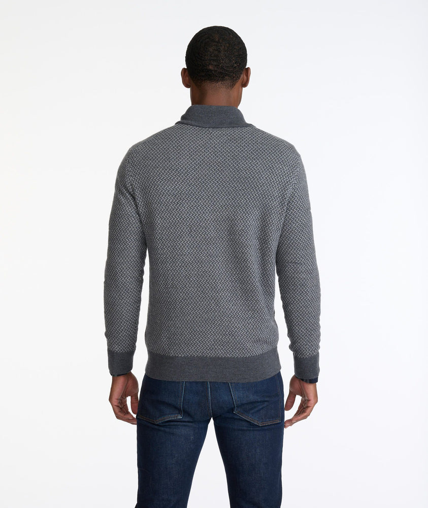 Model wearing a Grey Merino Wool Button-Neck Sweater - FINAL SALE
