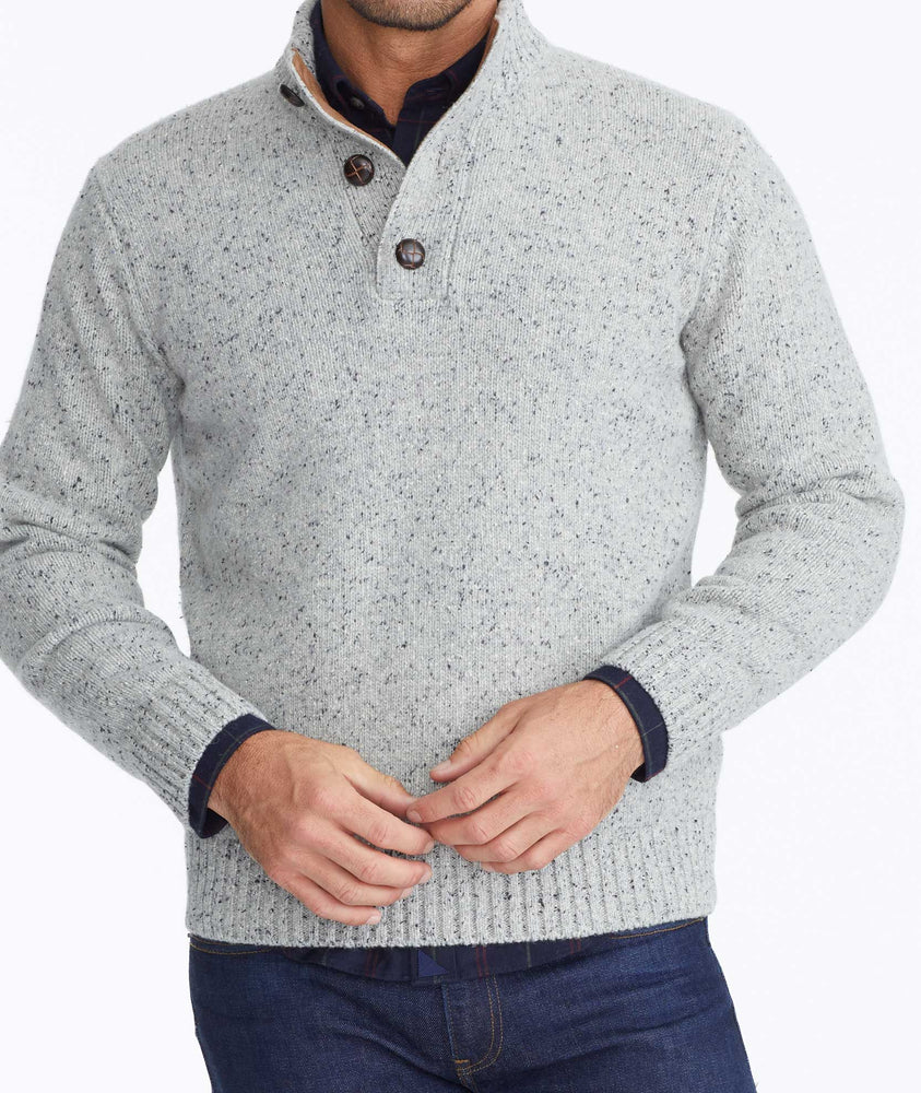 Model wearing a Grey Button-Neck Donegal Sweater