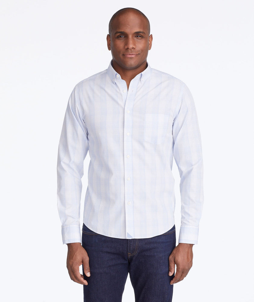 Model wearing a Purple Wrinkle-Free Wilridge Shirt