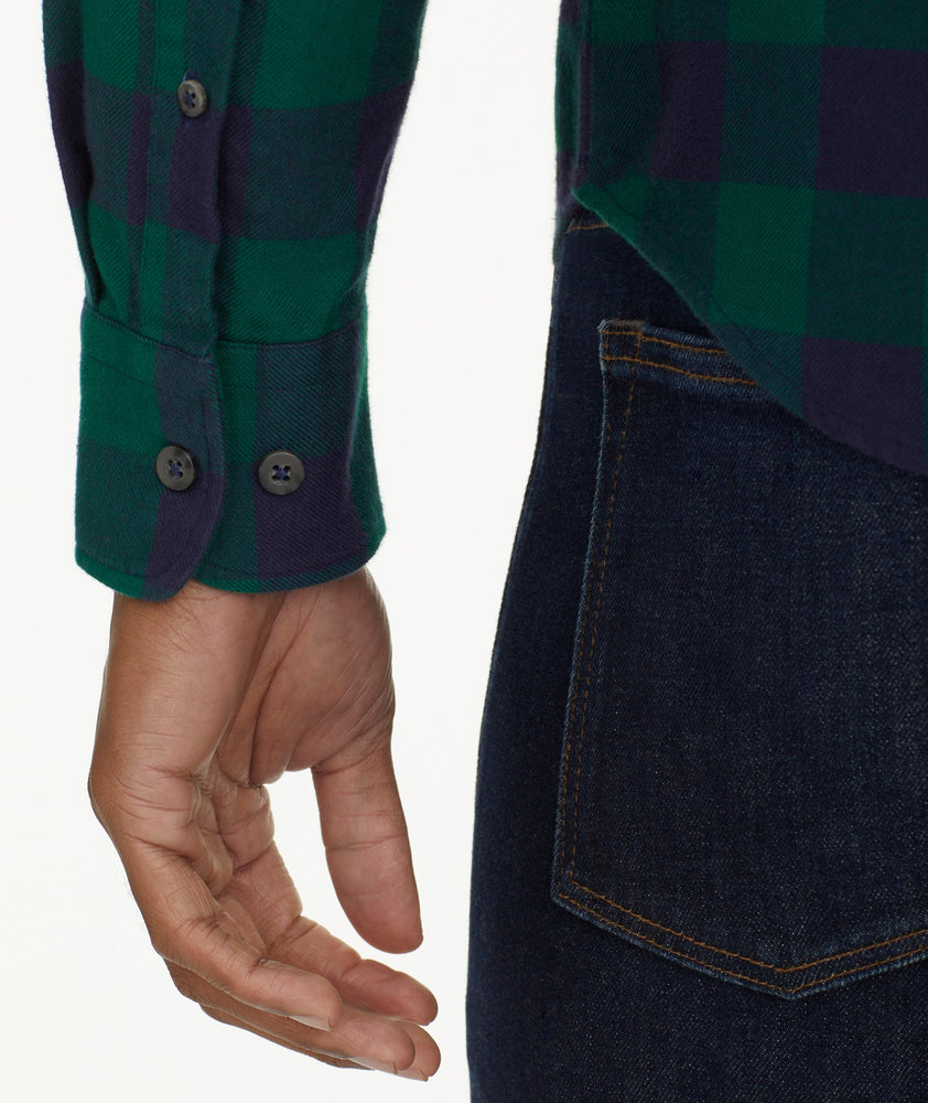 Model is wearing UNTUCKit Flannel Barrelstone Shirt in Blue & Green Check.