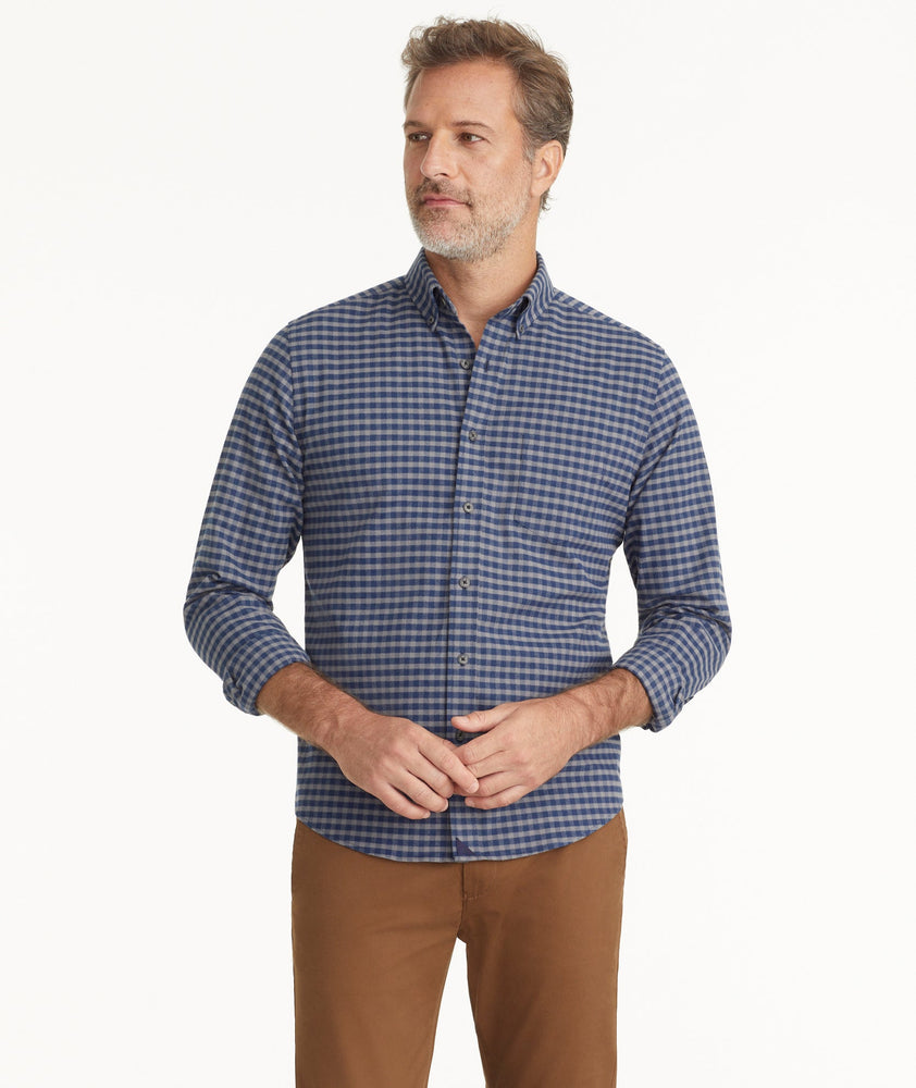 Model wearing a Blue Wrinkle-Free Performance Flannel Bergstrom Shirt