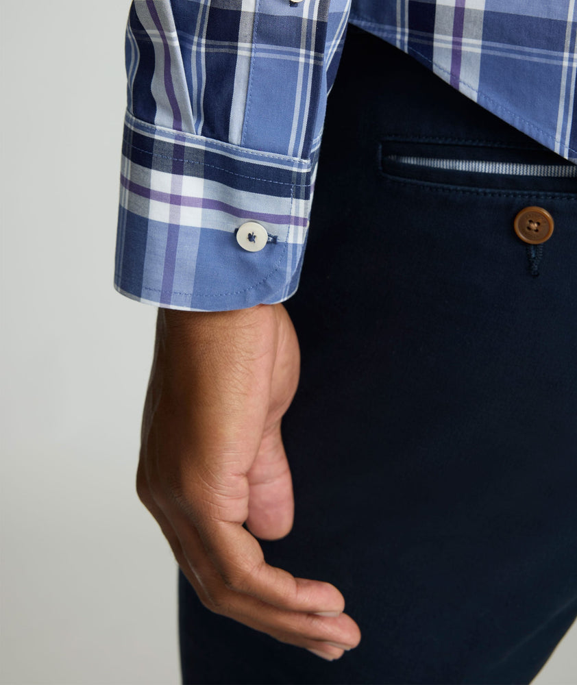 Model is wearing UNTUCKit Wrinkle-Free Bosca Shirt. 