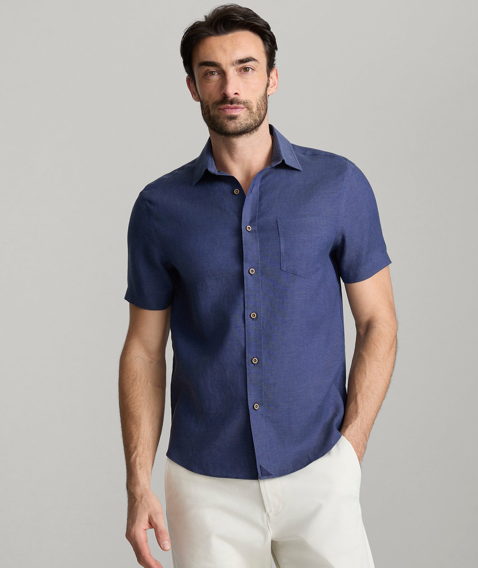 TheFound Male Monochrome Style Short Sleeve Shirt Linen