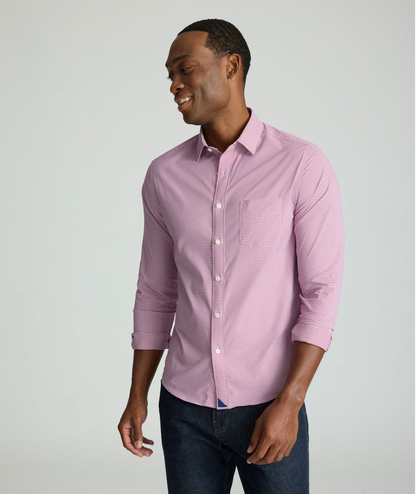 Model is wearing UNTUCKit Lafior Performance Shirt with Pocket. 