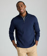 Model is wearing UNTUCKit performance sweatshirt in navy.
