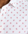 Model is wearing UNTUCKit short sleeve Truesdale in printed red. 