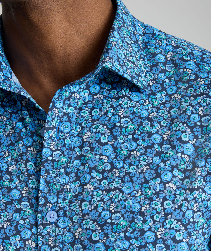 Model is wearing Performance Short-Sleeve Zamora Shirt. 