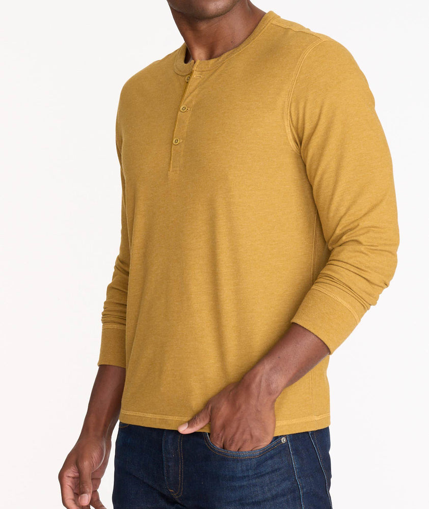 Model wearing a Yellow Ultrasoft Long-Sleeve Henley - FINAL SALE