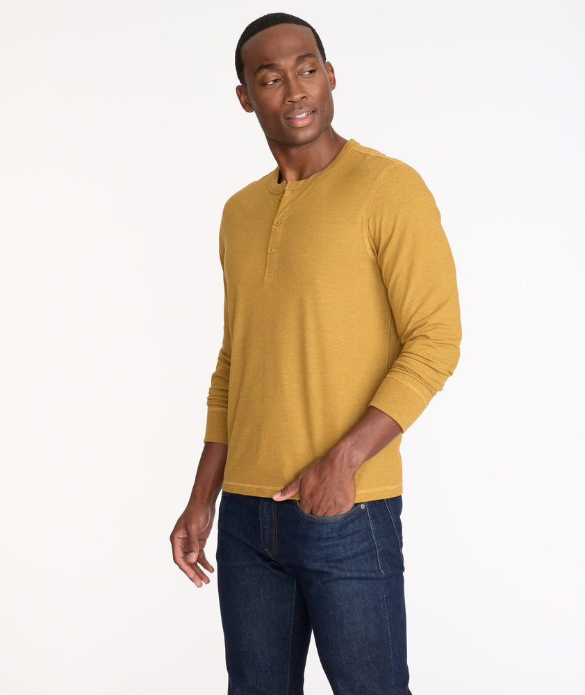Model wearing a Yellow Ultrasoft Long-Sleeve Henley - FINAL SALE