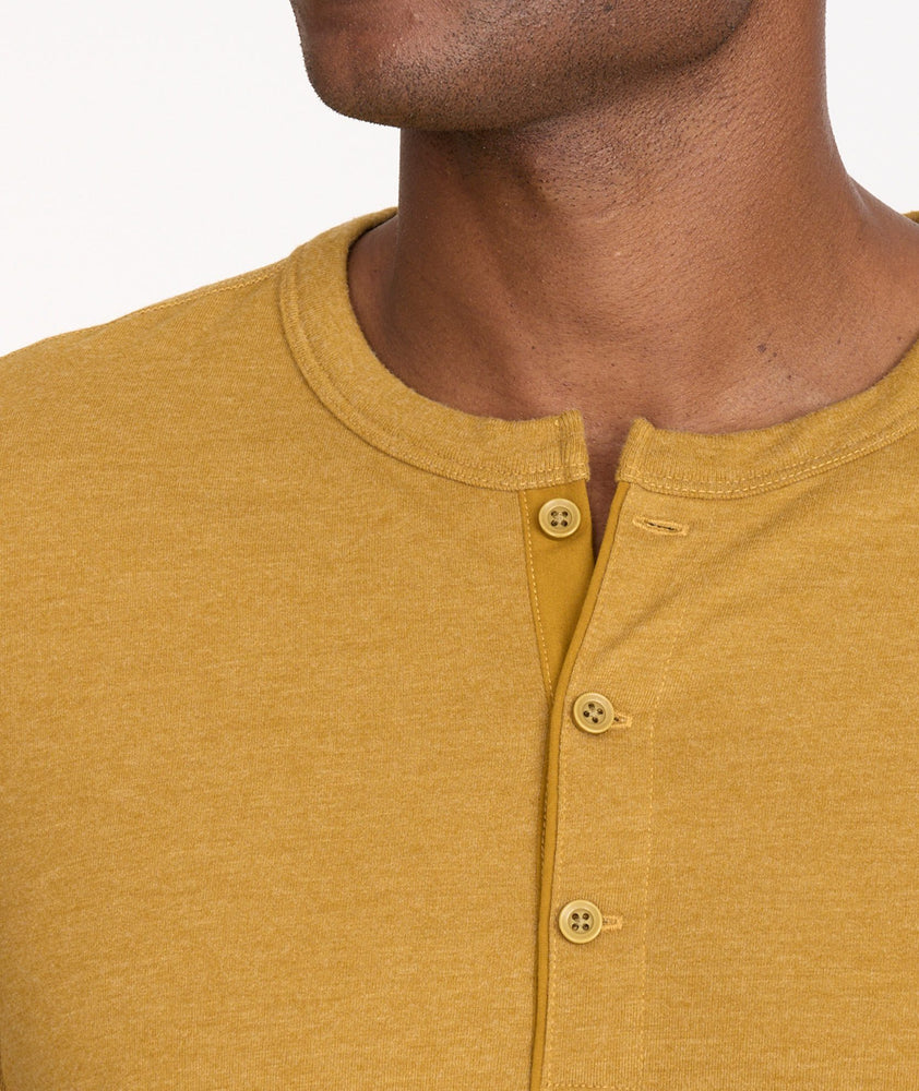Model wearing a Yellow Ultrasoft Long-Sleeve Henley - FINAL SALE