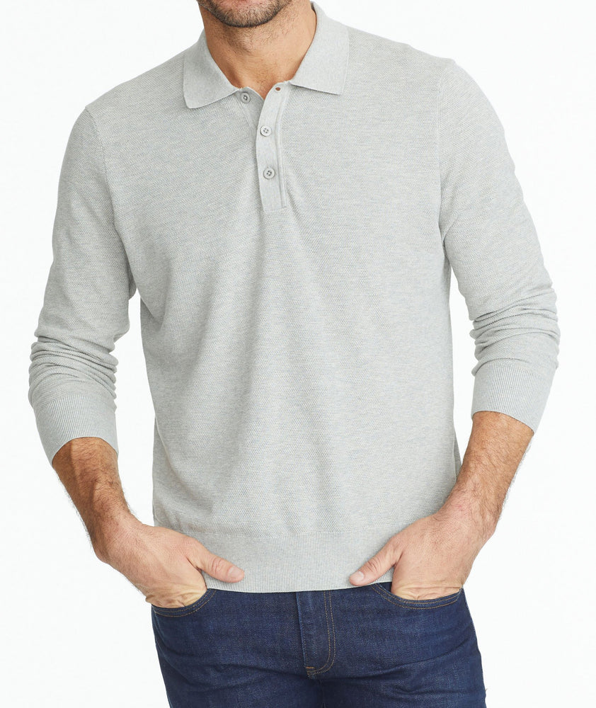 Model wearing a Grey Textured Long-Sleeve Polo
