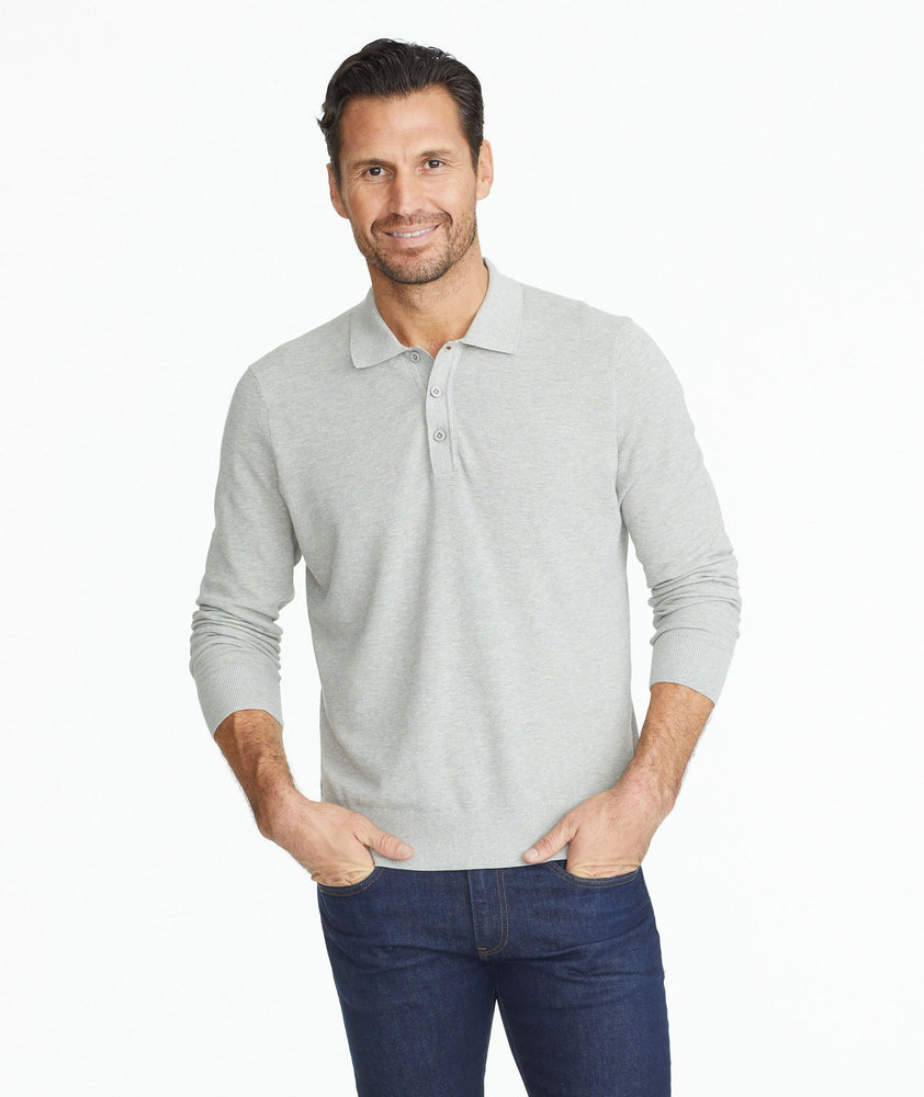 Model wearing a Grey Textured Long-Sleeve Polo