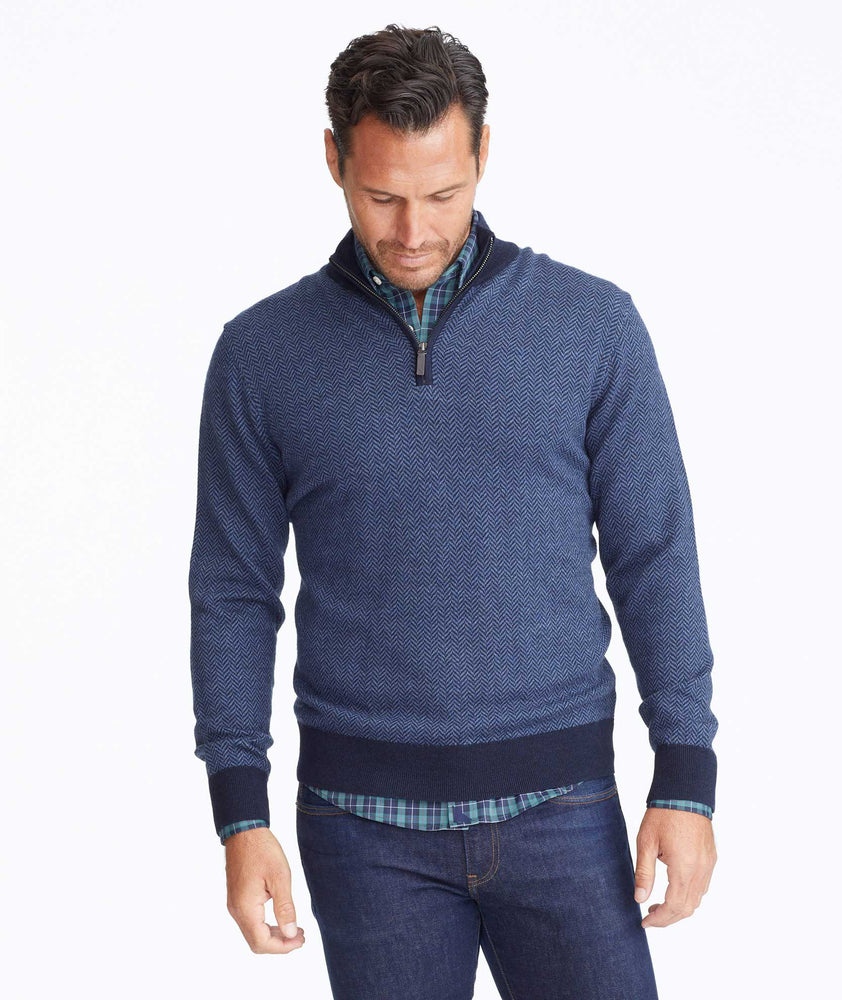 Model wearing a Blue Merino Wool Herringbone Quarter-Zip