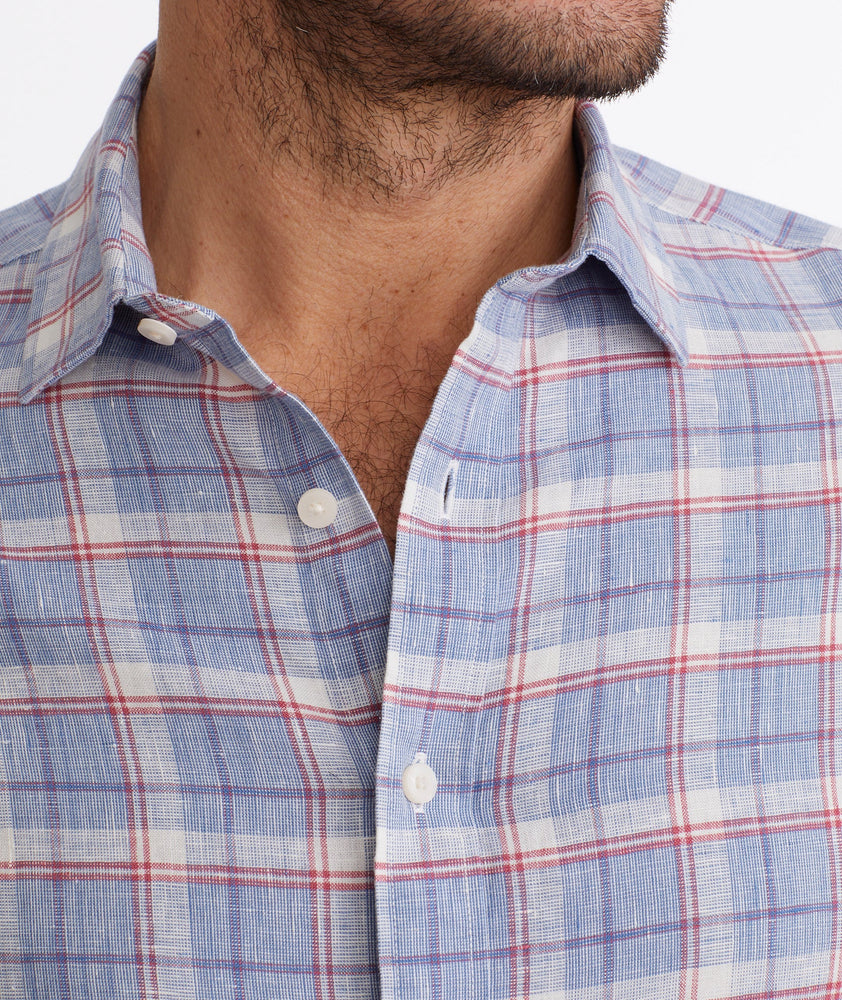 Model wearing a Red Wrinkle-Resistant Linen Berardo Shirt