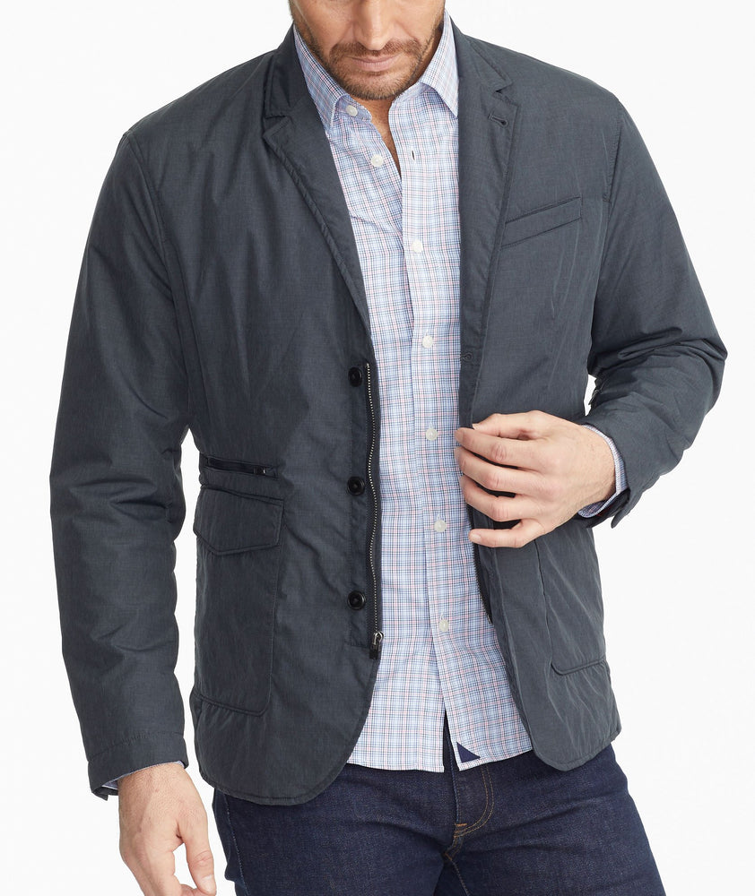 Model wearing a Grey The Travel Blazer
