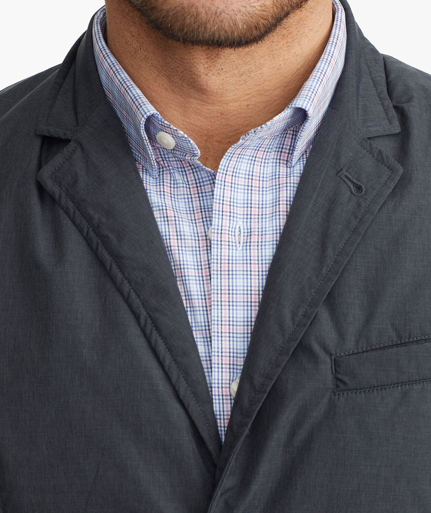 Model wearing a Grey The Travel Blazer