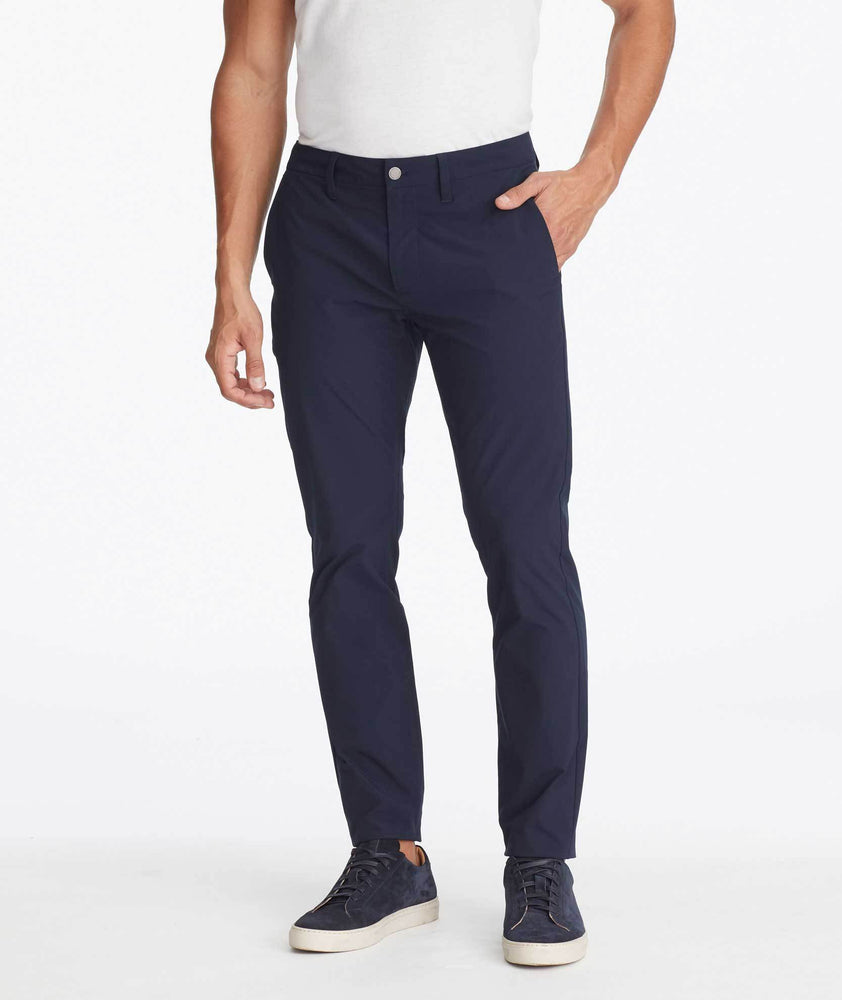 Model wearing a Navy Traveler Pants