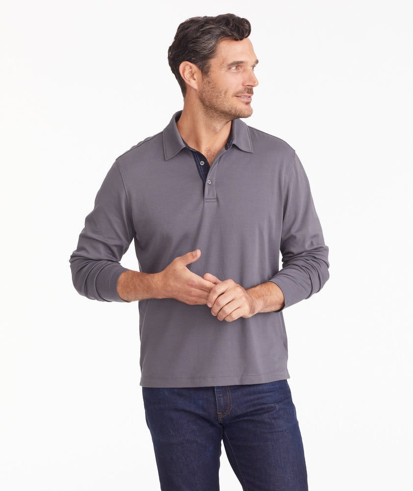 Wrinkle-Free Damaschino Long-Sleeve Polo with Contrast Placket