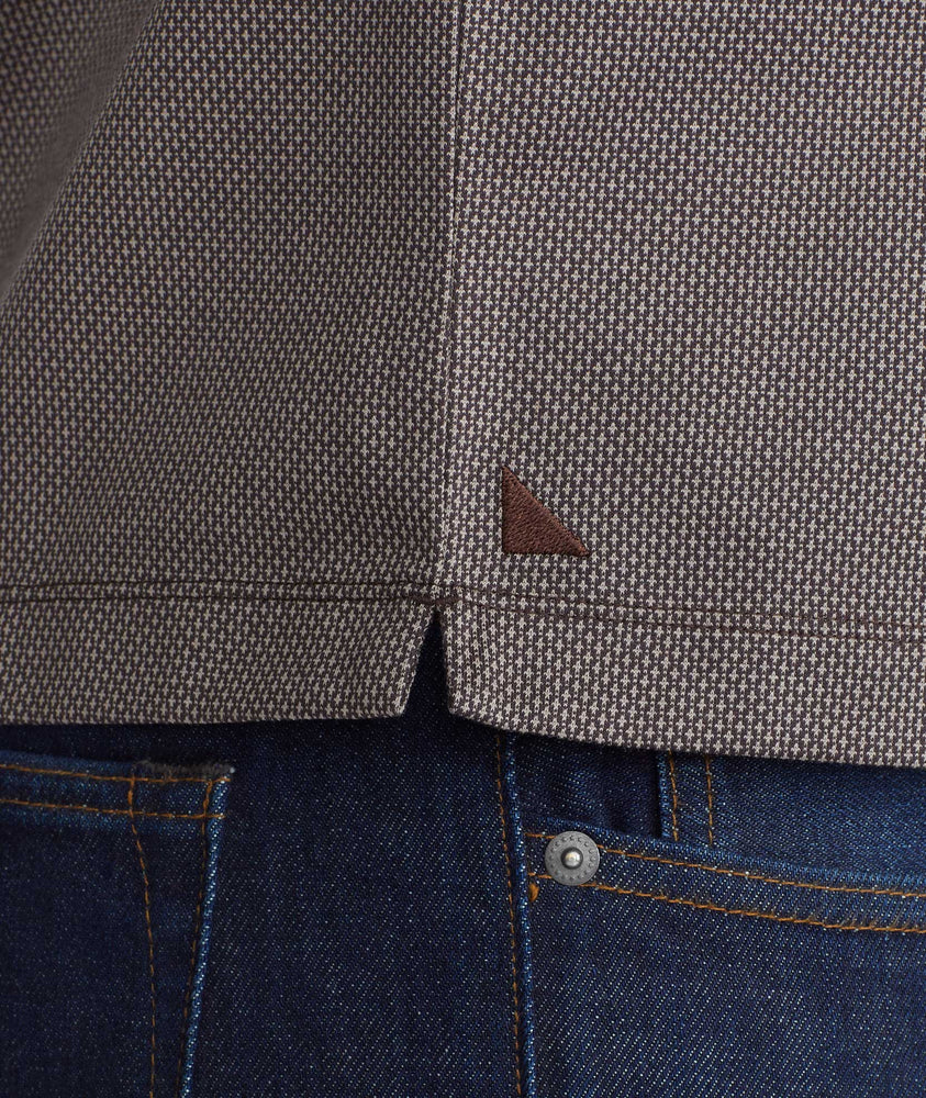 Model wearing a Brown Wrinkle-Free Damaschino Birdseye Long-Sleeve Polo