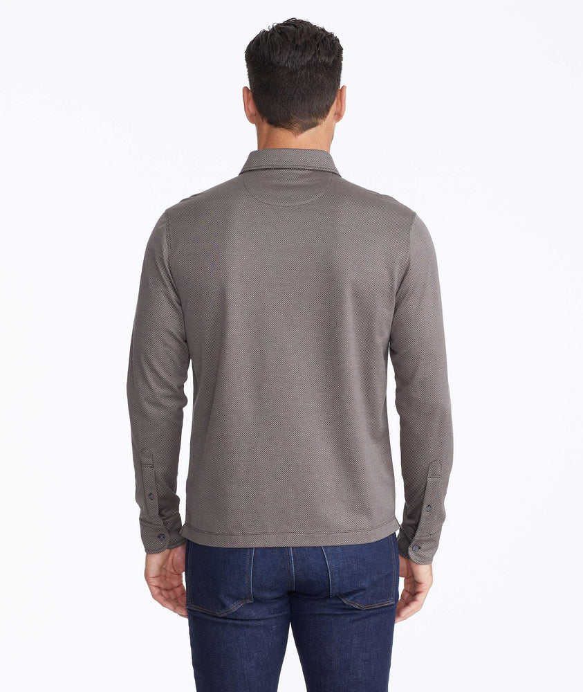 Model wearing a Brown Wrinkle-Free Damaschino Birdseye Long-Sleeve Polo