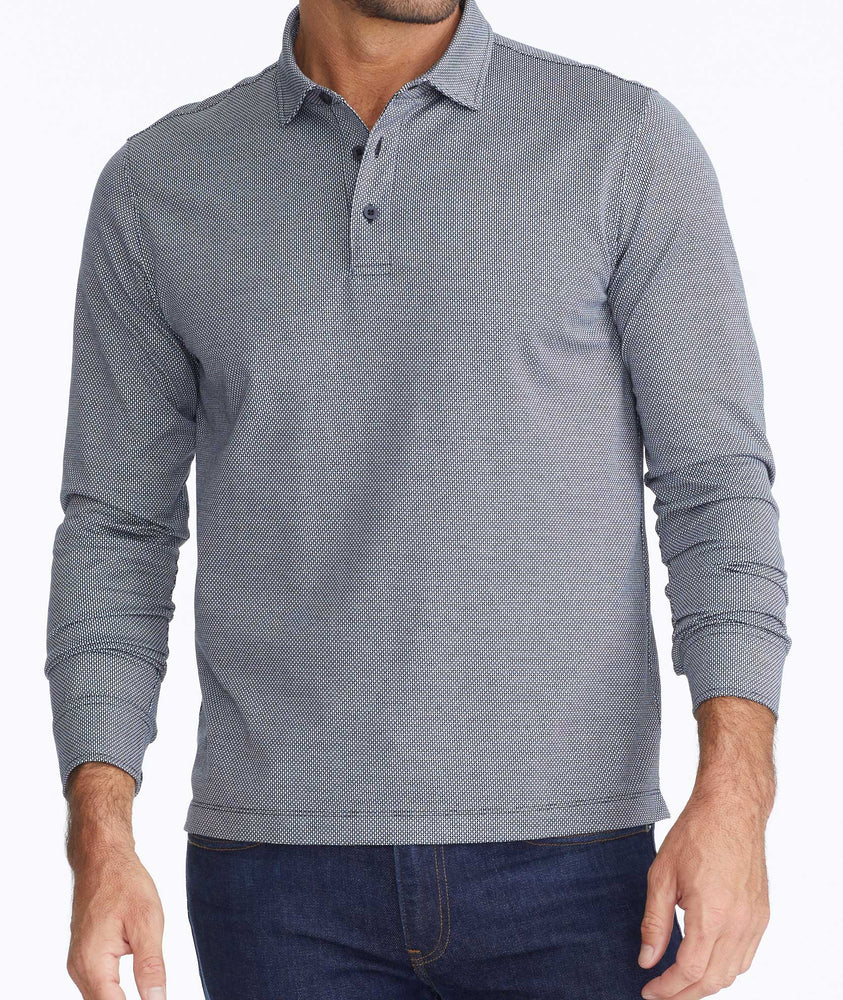Model wearing a Dark Grey Wrinkle-Free Damaschino Birdseye Long-Sleeve Polo