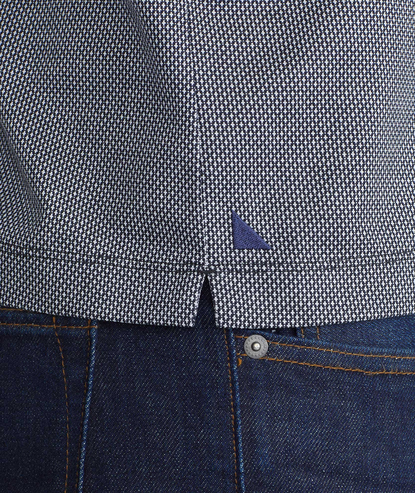 Model wearing a Dark Grey Wrinkle-Free Damaschino Birdseye Long-Sleeve Polo