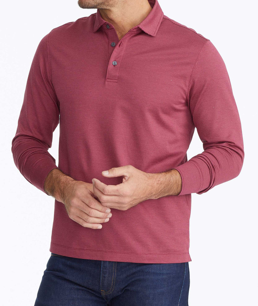 Model wearing a Red Wrinkle-Free Damaschino Birdseye Long-Sleeve Polo