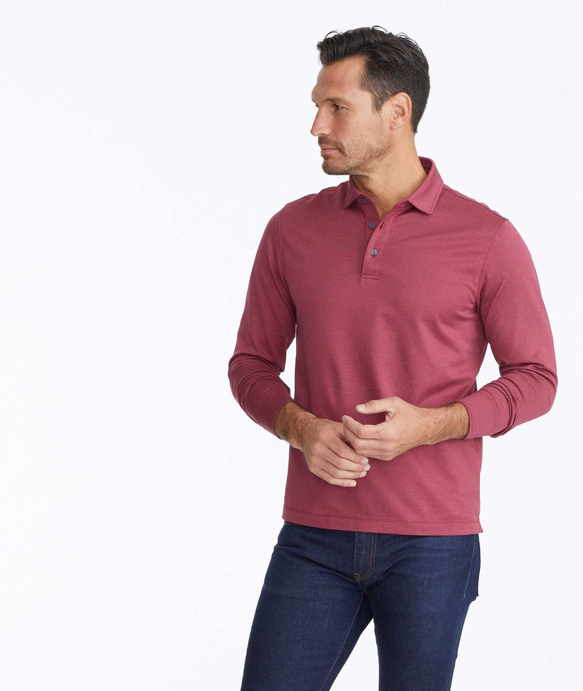 Model wearing a Red Wrinkle-Free Damaschino Birdseye Long-Sleeve Polo