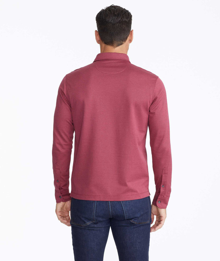 Model wearing a Red Wrinkle-Free Damaschino Birdseye Long-Sleeve Polo