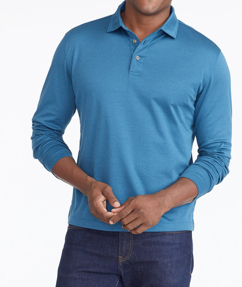 Model wearing a Blue Wrinkle-Free Damaschino Jacquard Polo