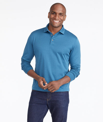 Model wearing a Blue Wrinkle-Free Damaschino Jacquard Polo