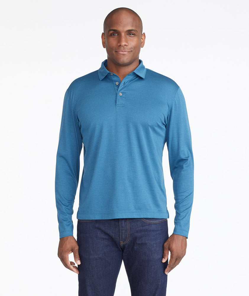 Model wearing a Blue Wrinkle-Free Damaschino Jacquard Polo