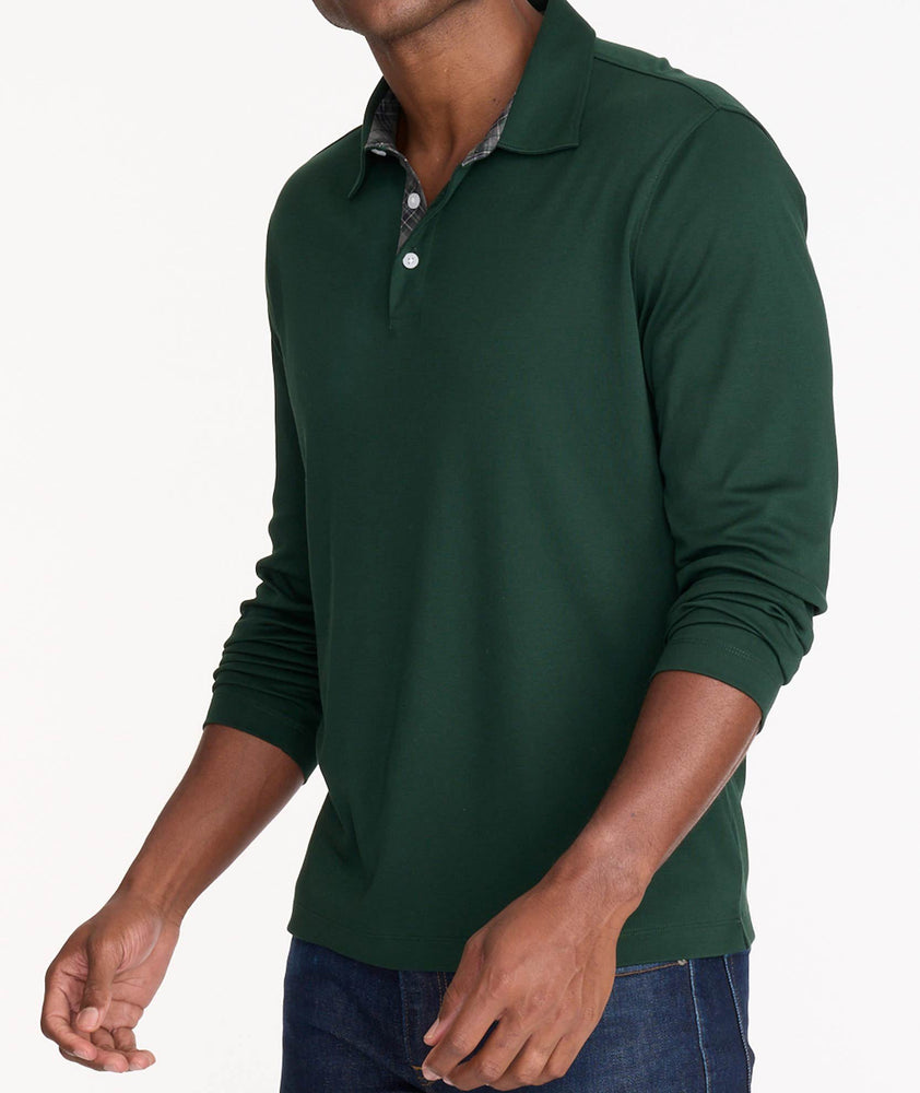 Model wearing a Dark Green Wrinkle-Free Damaschino Long-Sleeve Polo with Contrast Placket