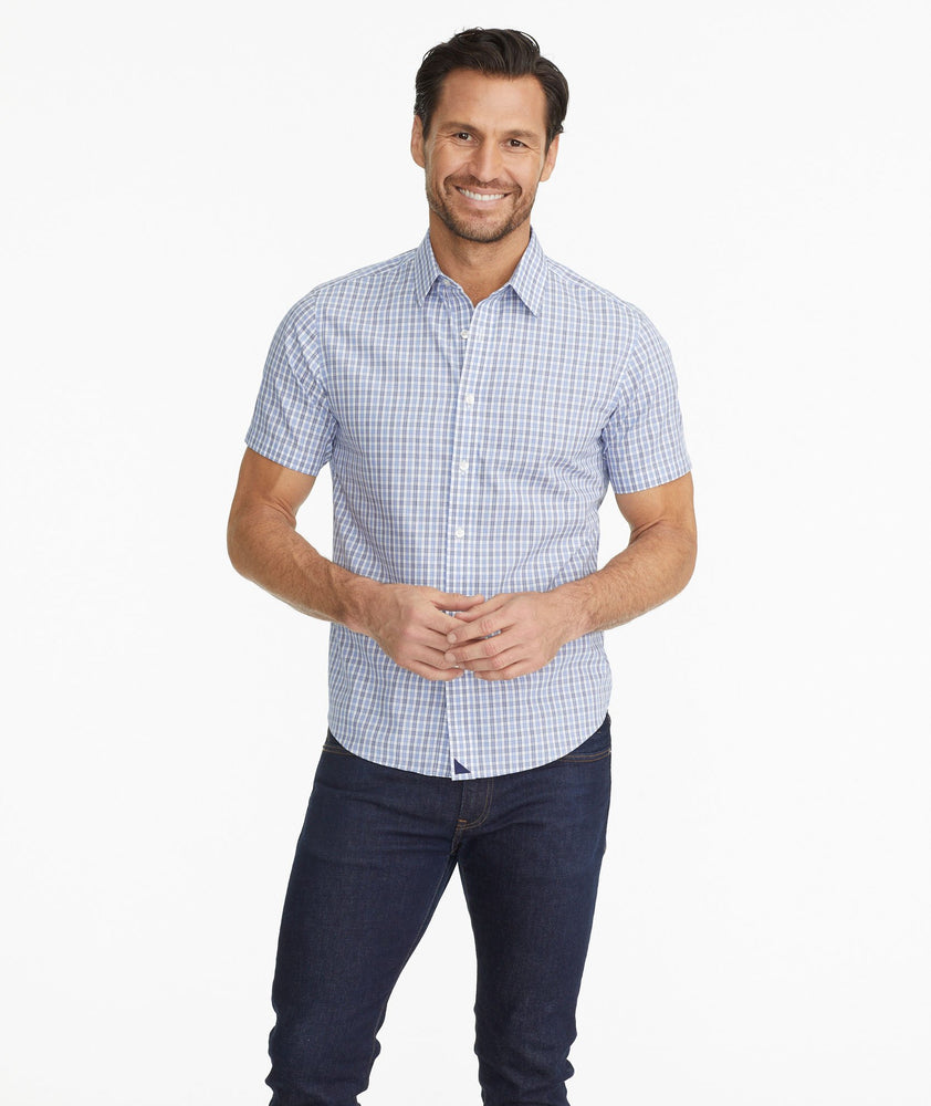 Model wearing a Blue Short-Sleeve Wrinkle-Free Shirt