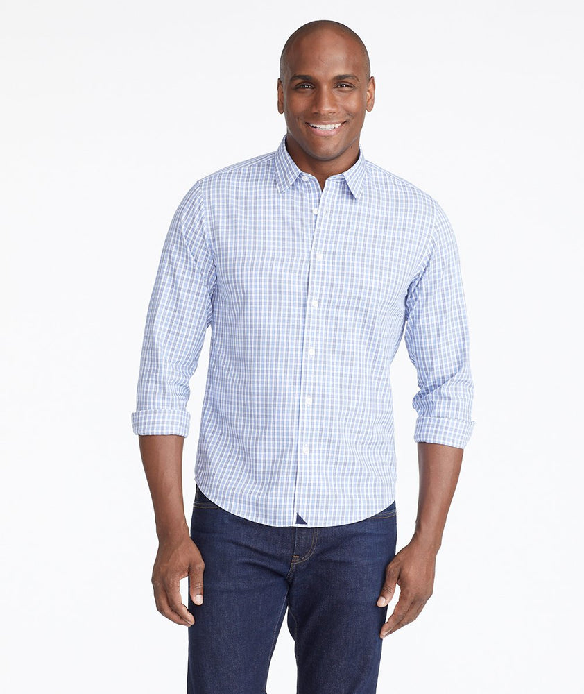 Model wearing a Blue Wrinkle-Free Durif Shirt