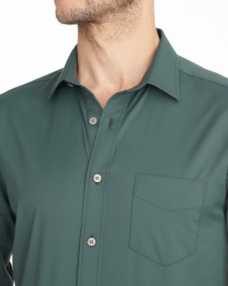 Model wearing a Dark Green Wrinkle-Free Performance Gironde Shirt