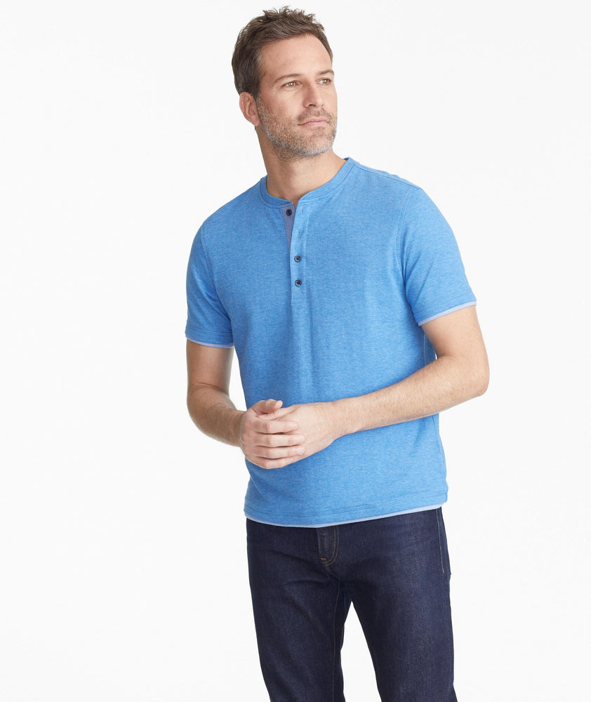 Model wearing a Blue The Double-Faced Short-Sleeve Henley