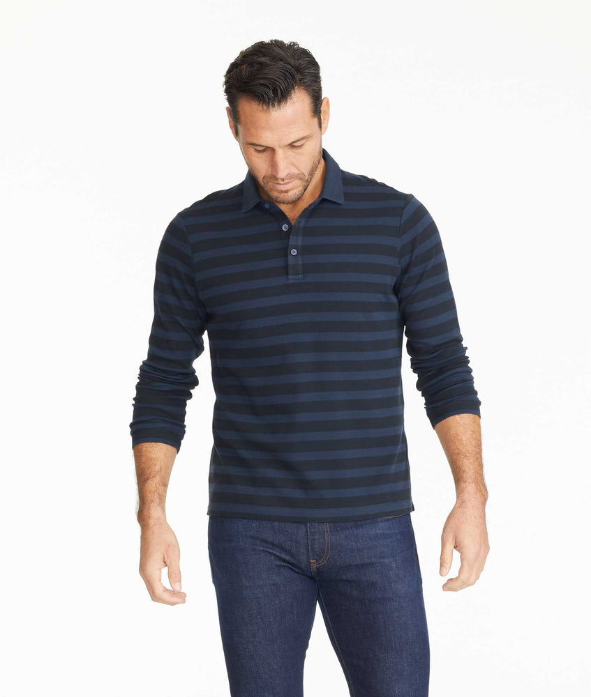 Model wearing a Striped Long-Sleeve Polo