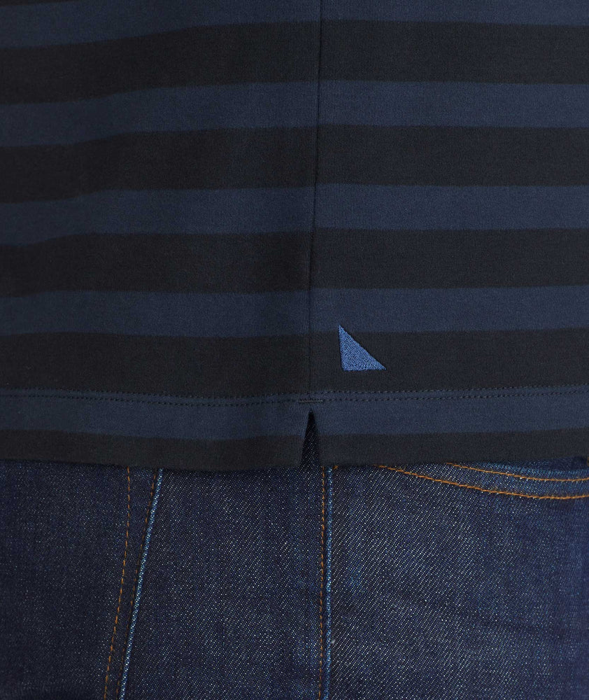Model wearing a Striped Long-Sleeve Polo