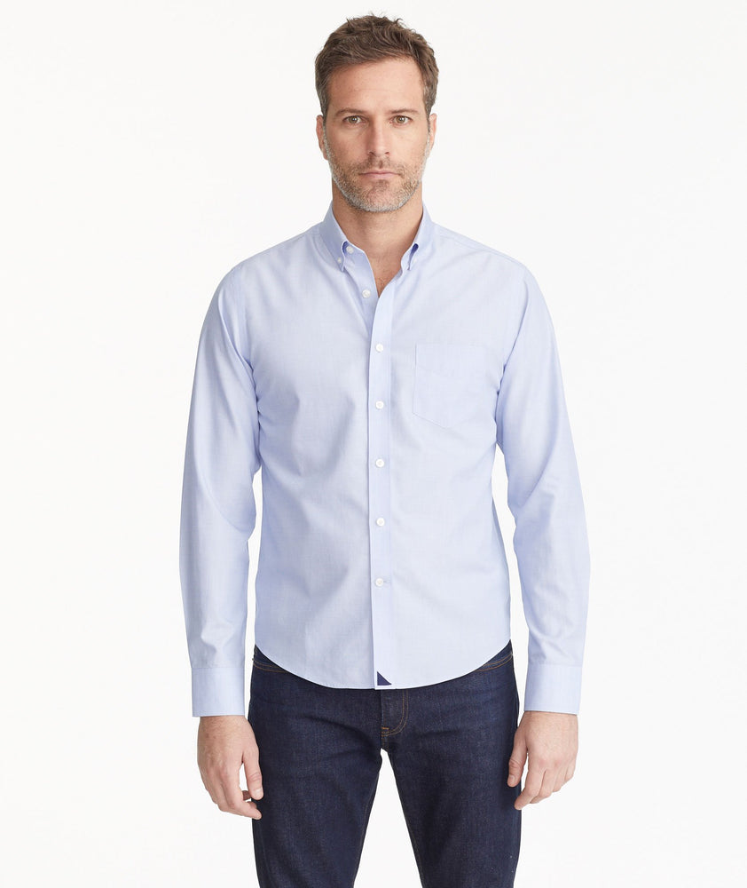 Model wearing a Blue Wrinkle-Free Hillside Select Shirt