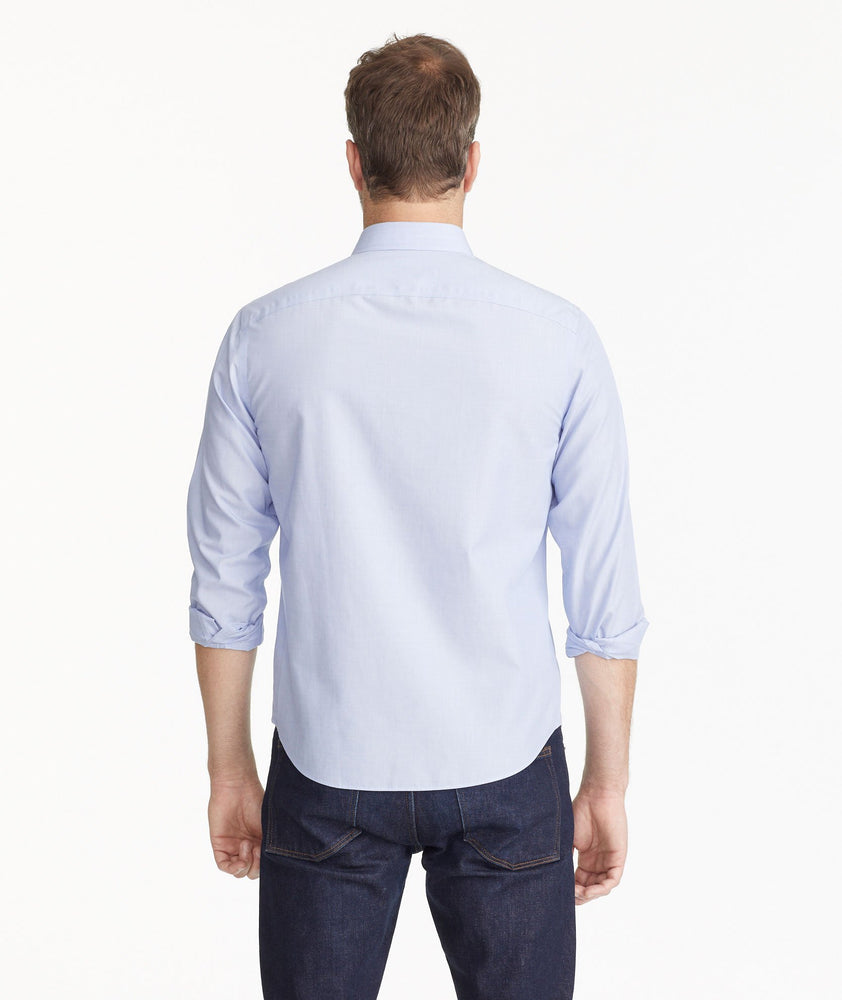 Model wearing a Blue Wrinkle-Free Hillside Select Shirt